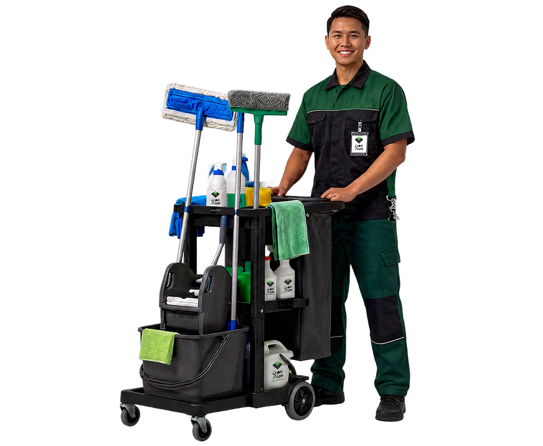 An Aun Alusul cleaning technician in company uniform beside a janitorial cart